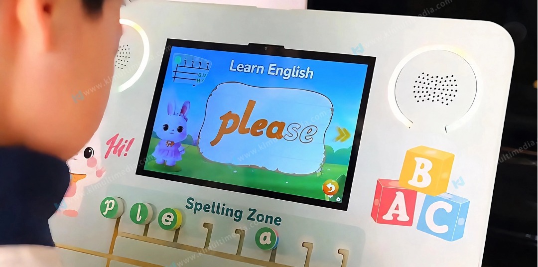Low blue light eye-care display with smart screen time management for preschool interactive learning wall