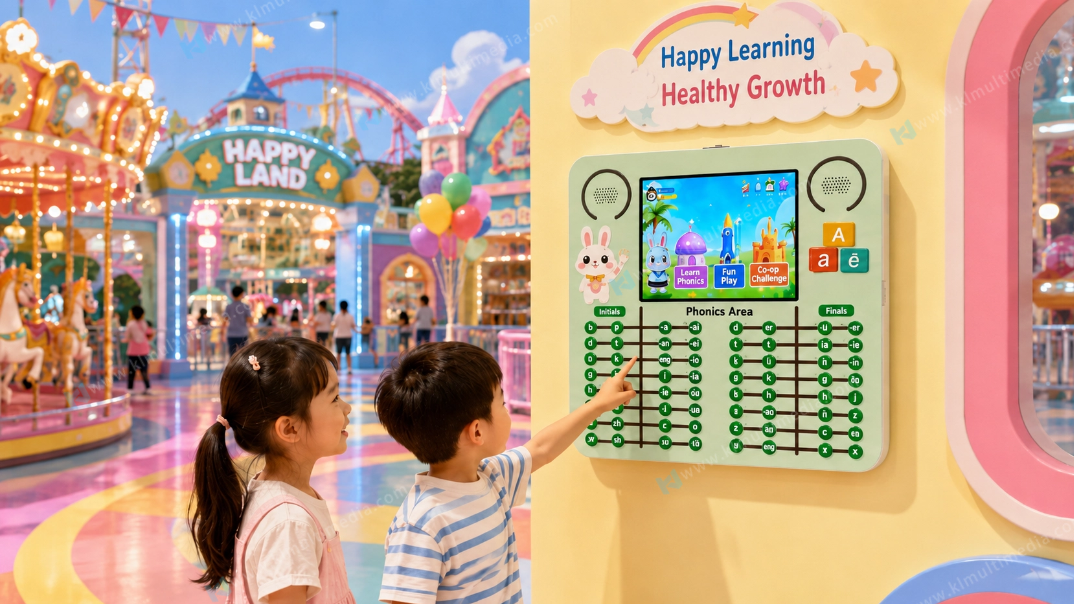Interactive learning game wall installed in children indoor playground for educational entertainment
