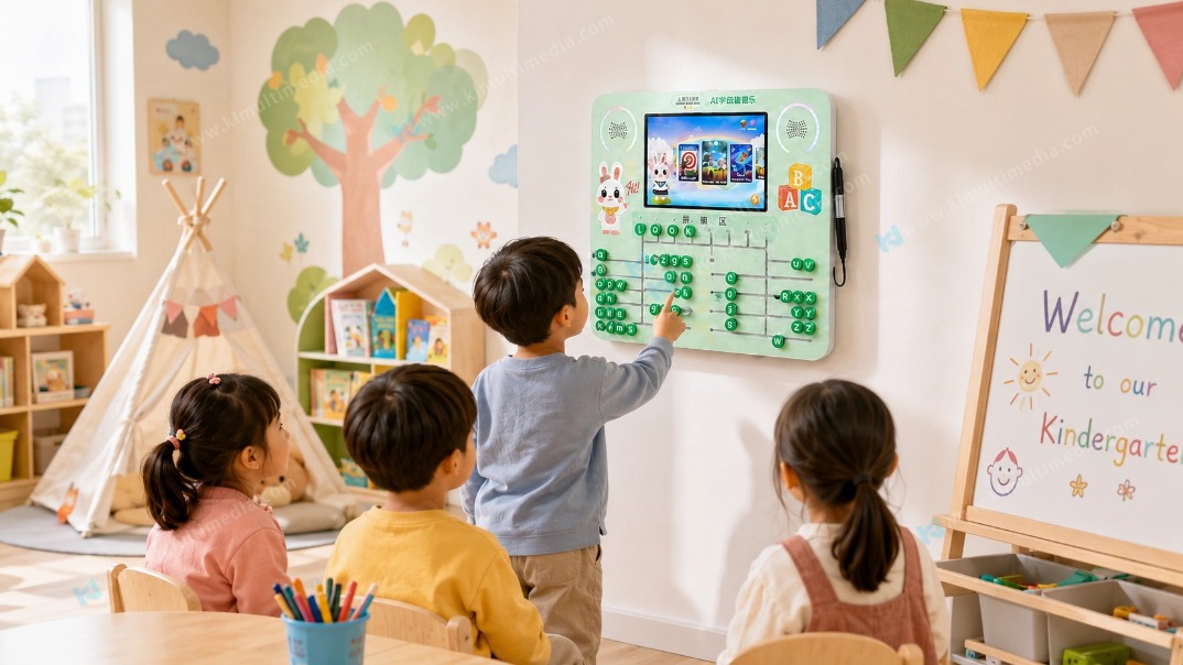 Interactive preschool learning wall installed in kindergarten classroom for early childhood education